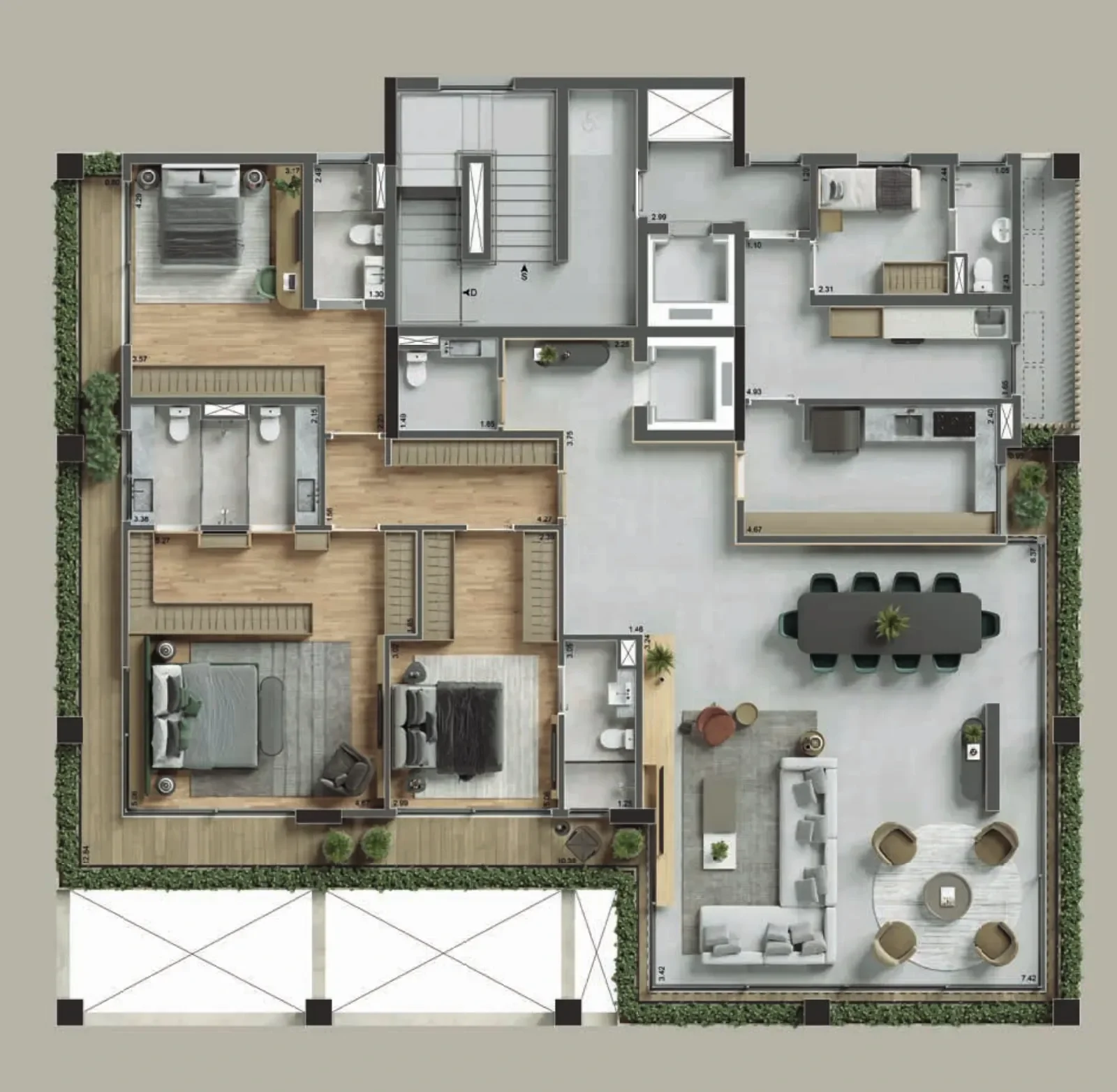 Planta humanizada do apartamento tipo com living ampliado: o mesmo andar, com o living avançando sobre o terraço até a fachada e a mesa de jantar junto da cozinha.
