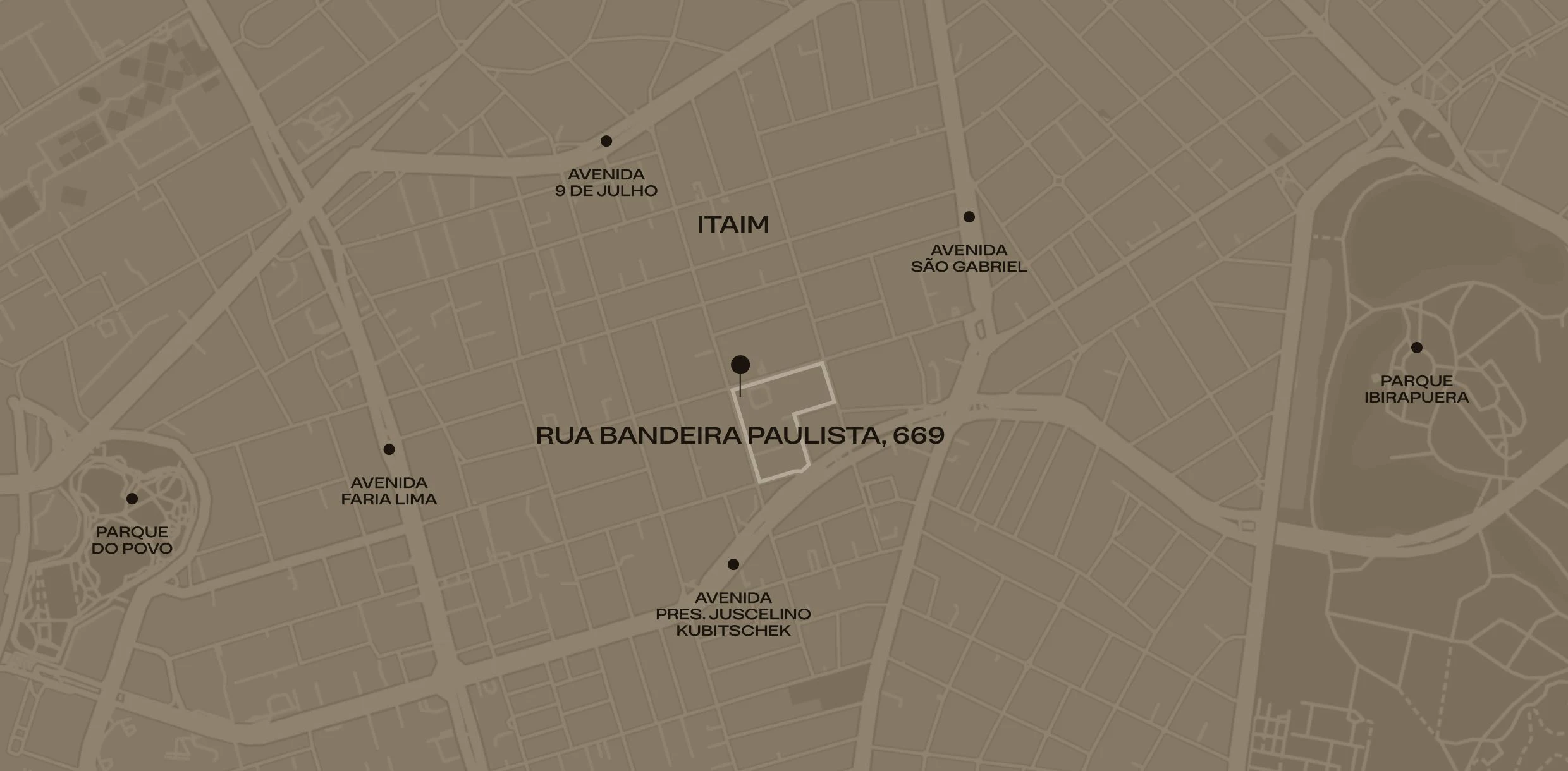 O mapa oficial do entorno, em tons de taupe: o terreno do Janô desenhado na Rua Bandeira Paulista, com a Avenida Juscelino Kubitschek, a Faria Lima, a Nove de Julho, a São Gabriel, o Parque do Povo e o Parque Ibirapuera marcados.