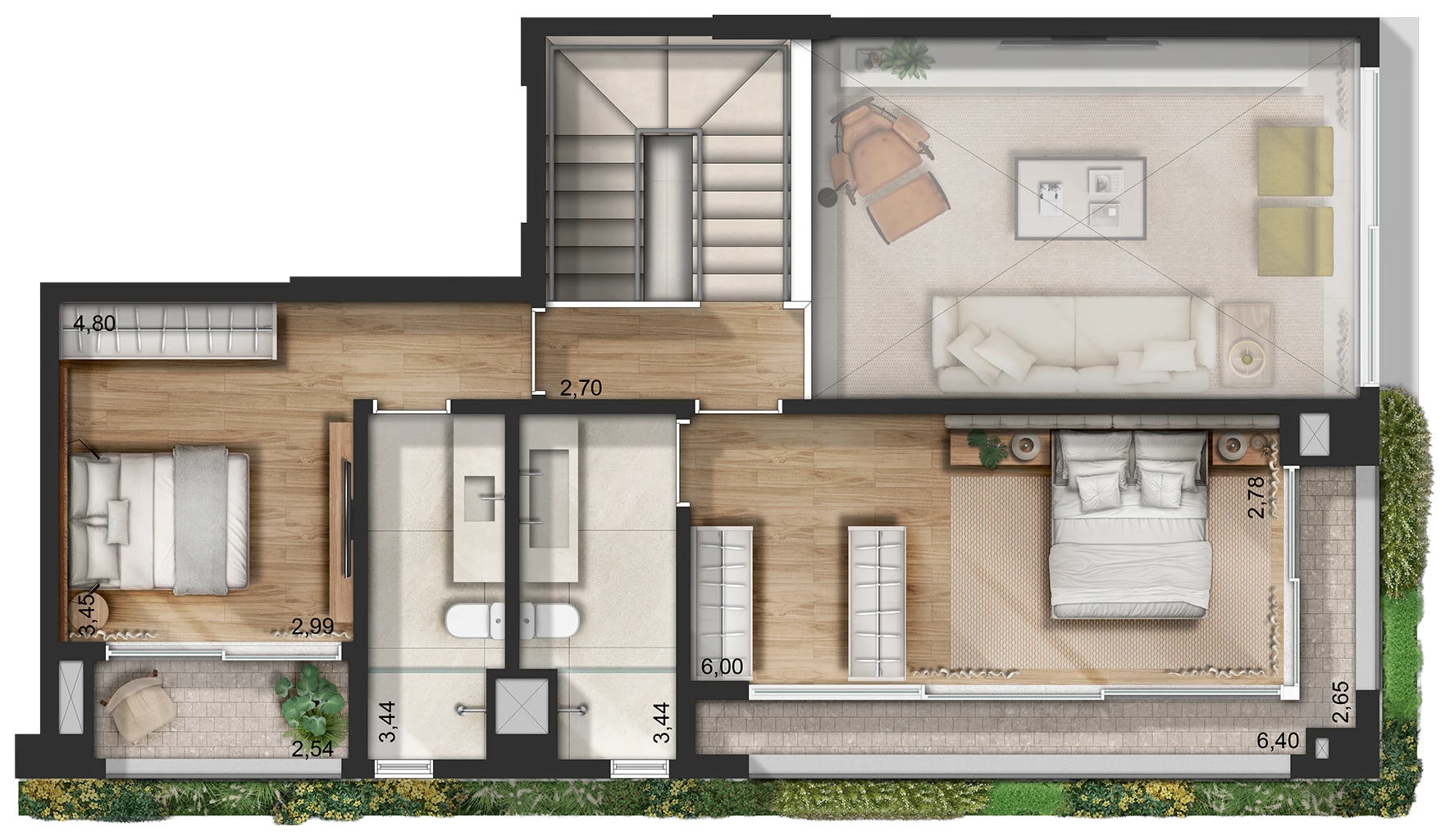 Planta do piso superior do duplex: a suíte principal com banheiro e closet, uma segunda suíte e o vazio sobre o living, ao lado da escada.