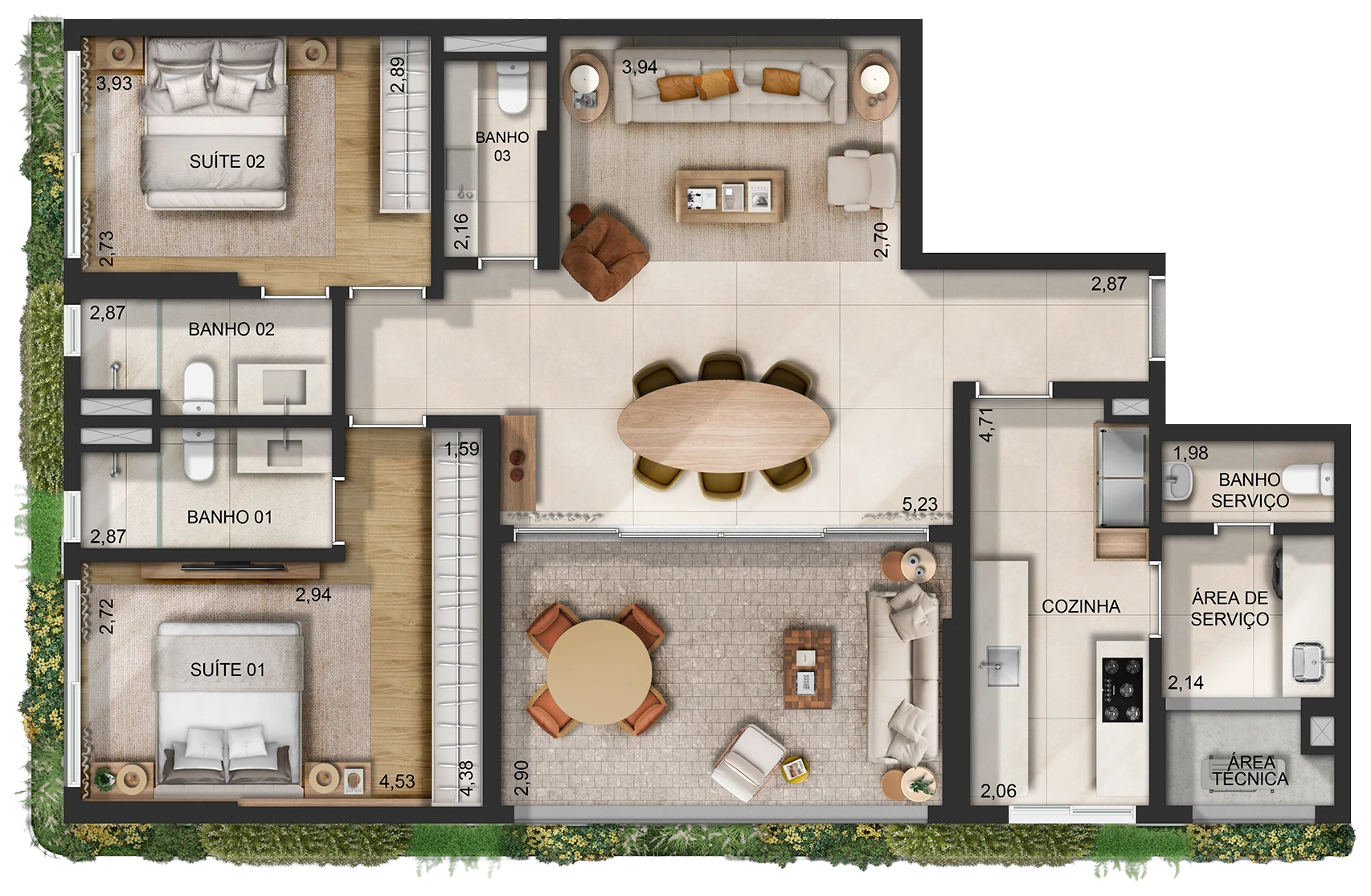 Planta do apartamento tipo: as duas suítes, cada uma com banheiro, um terceiro banheiro, o living com estar e jantar no centro, a cozinha, a área de serviço com banheiro e a área técnica, e a jardineira ao longo da fachada.
