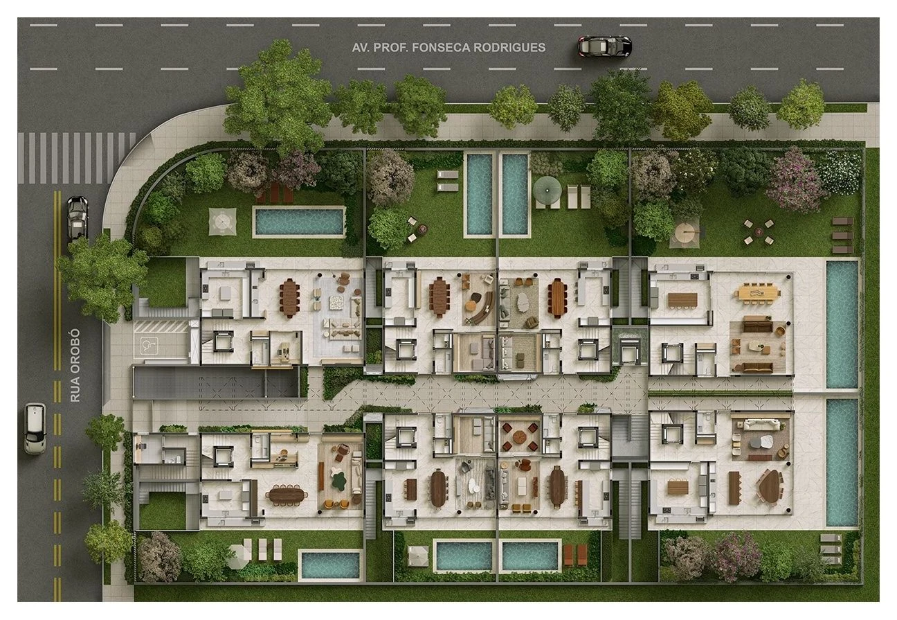 A implantação do térreo vista de cima: as oito casas em duas fileiras de quatro, cada uma com o jardim e a piscina, a circulação comum no meio, e a Avenida Professor Fonseca Rodrigues no alto do desenho.