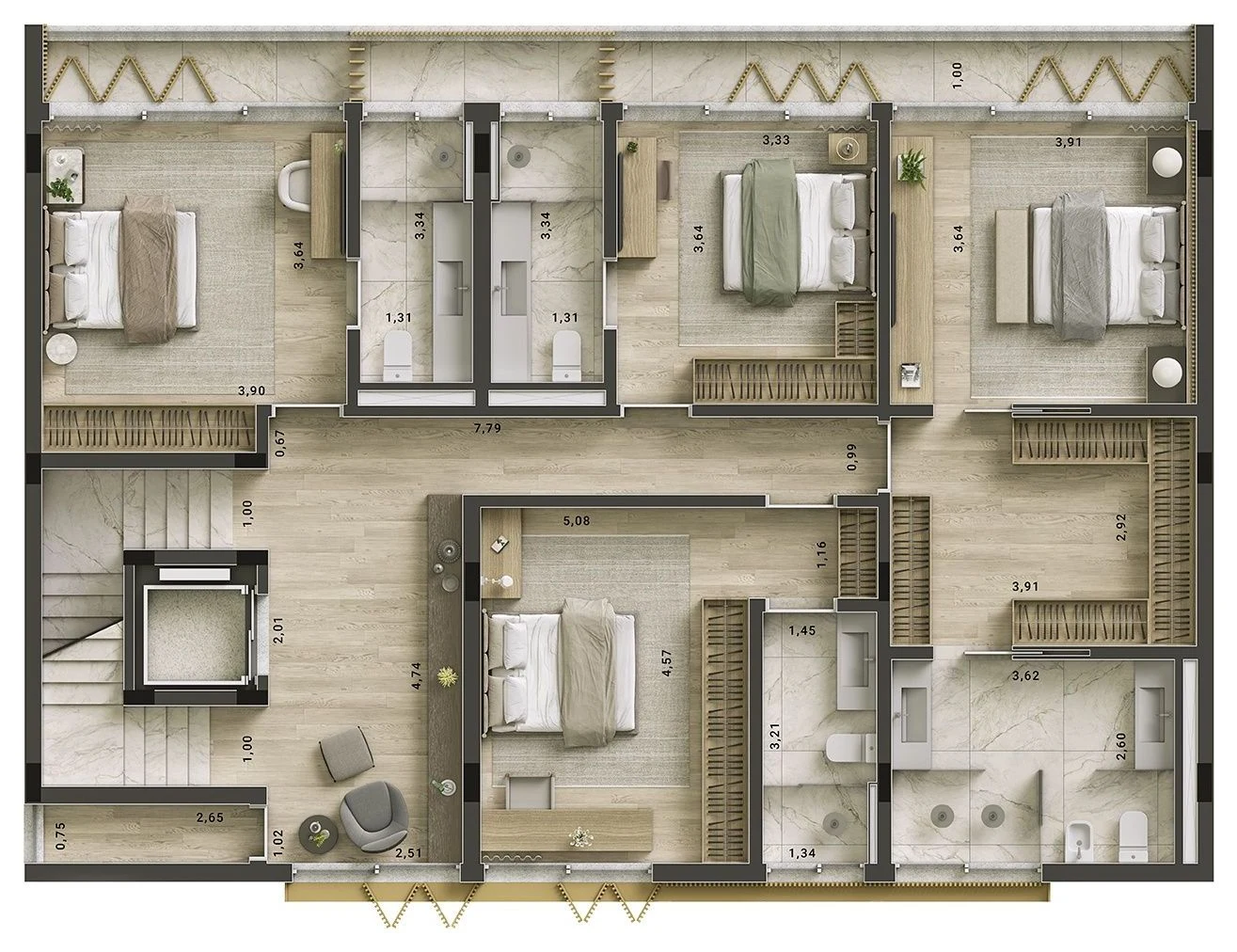 Planta de exemplo do primeiro pavimento de uma casa: quatro suítes com banheiro e closet, a sala de TV, a escada e o elevador.