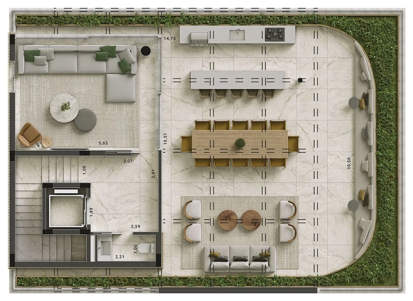 Planta de exemplo do segundo pavimento de uma casa: o terraço com mesa longa, a cozinha de apoio, as poltronas e o jardim em volta.