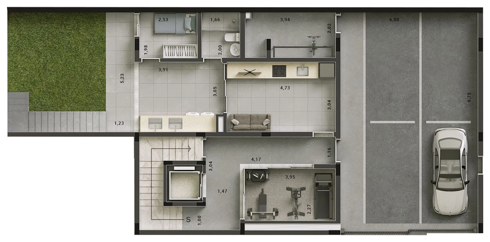 Planta de exemplo do subsolo de uma casa: a garagem com as vagas à direita, o depósito, a escada e o elevador.