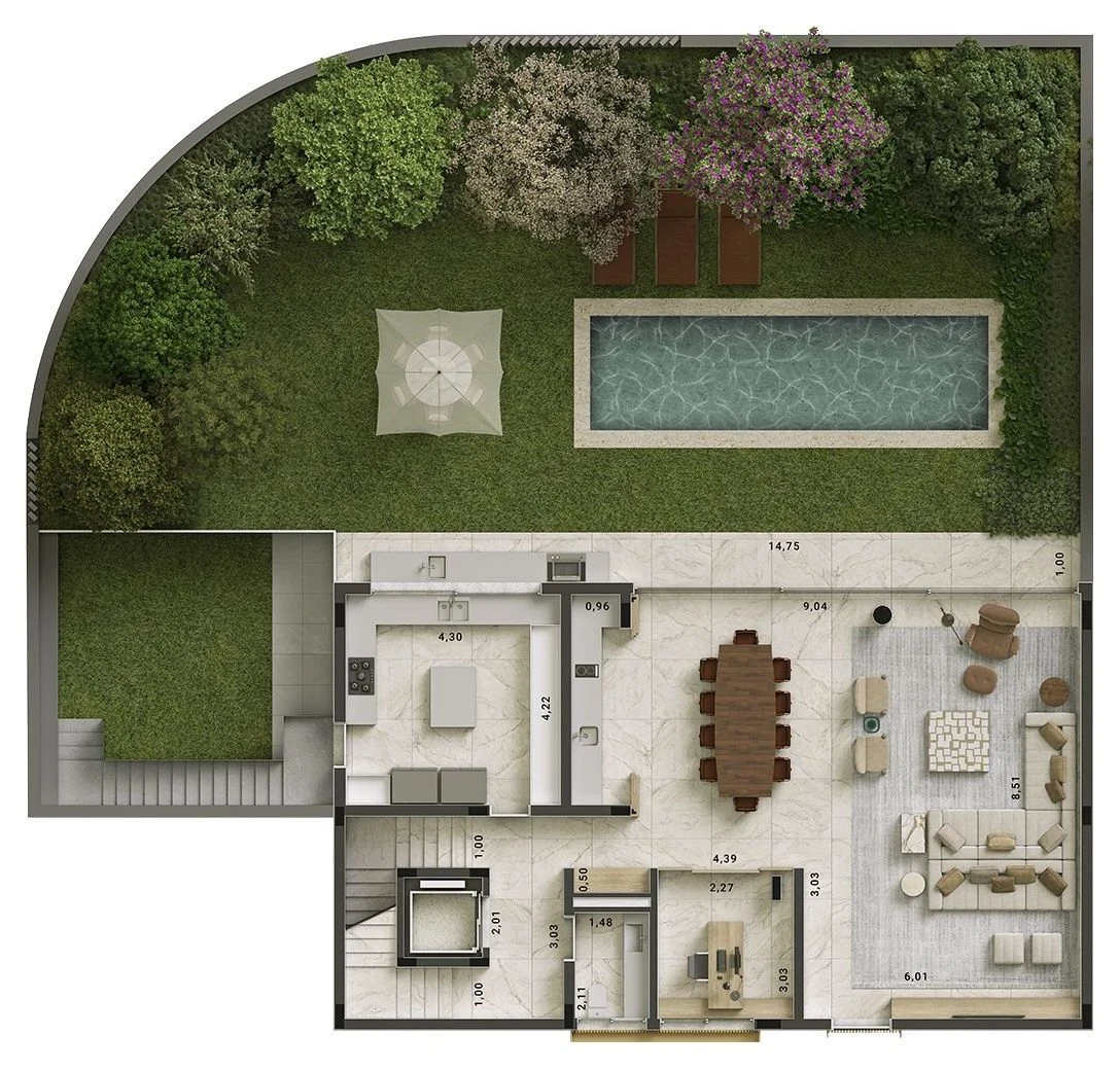 Planta de exemplo do térreo de uma casa: a cozinha, a sala de jantar e o living integrados, abertos para o jardim com a piscina retangular no alto do desenho.
