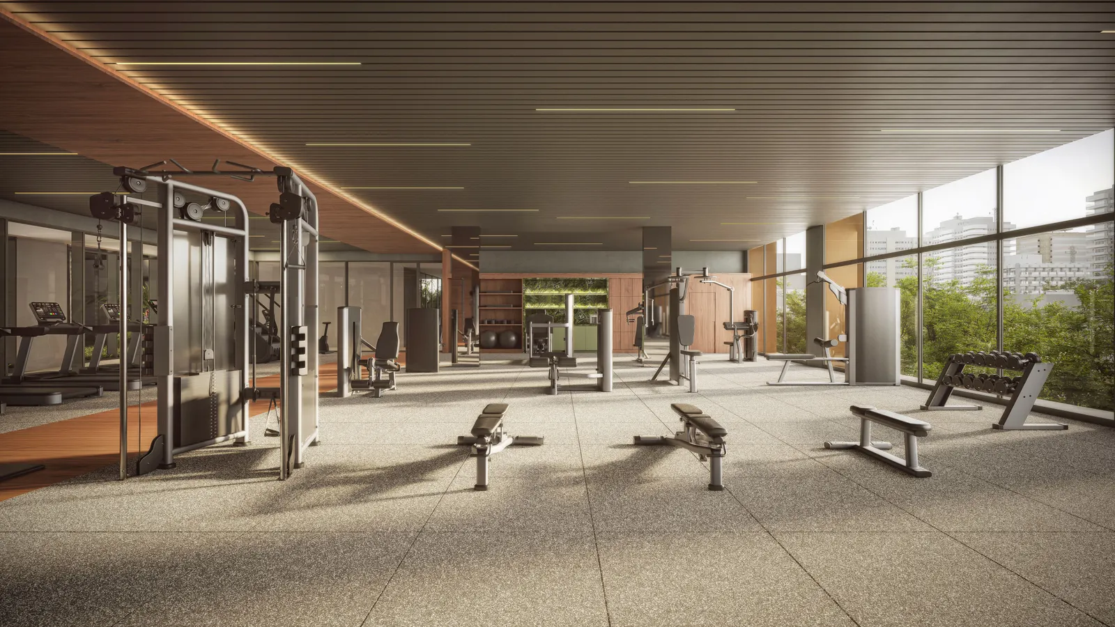 O fitness club: aparelhos de musculação e esteiras sob o forro de madeira, com a parede de vidro para as árvores.