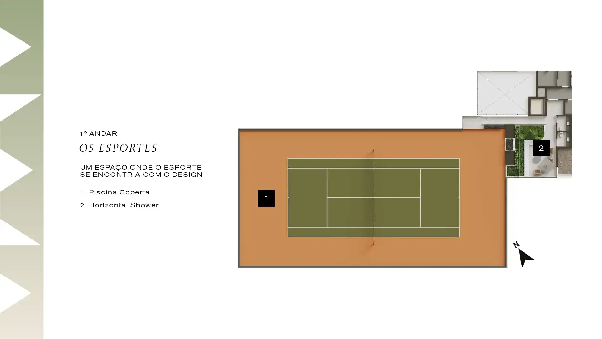 A implantação do 1º pavimento: a quadra de tênis em terracota no meio do andar e o lounge do tenista ao lado.