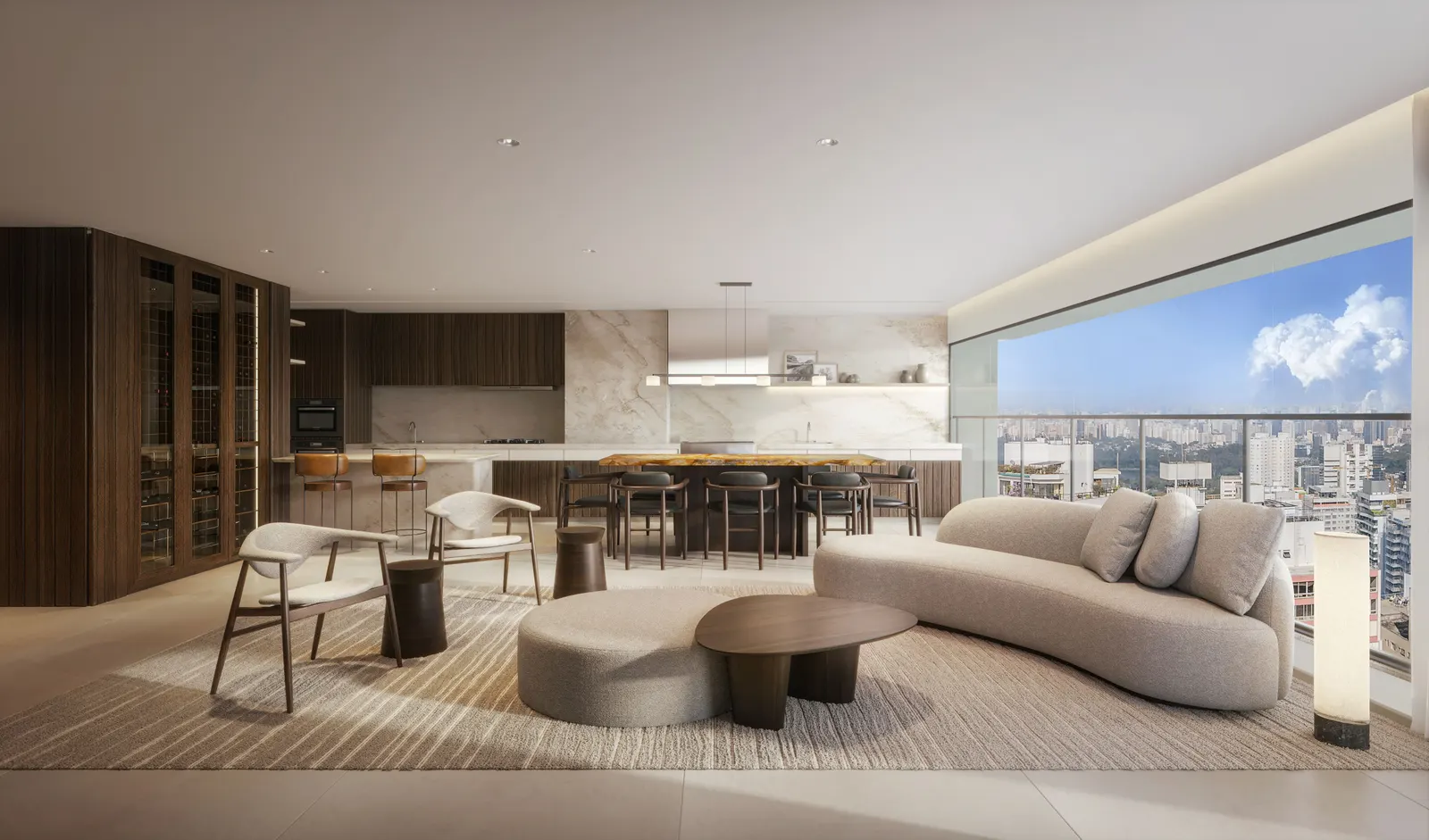 O living de 163 m² com a cozinha aberta: o sofá curvo, a mesa de jantar e a bancada, com a janela para a cidade.