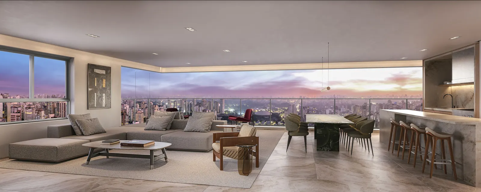 O living de 221 m² com a cozinha aberta: o sofá baixo, a mesa de jantar e a ilha, diante das janelas para a cidade ao entardecer.