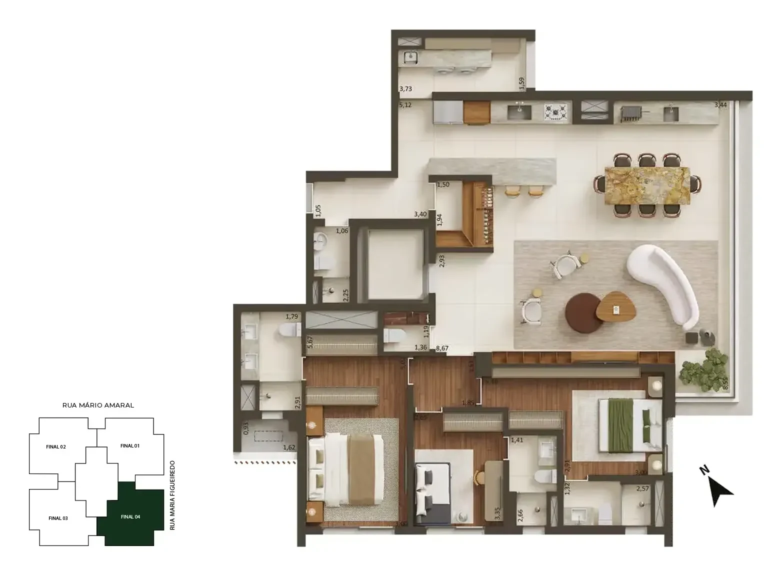 Planta de 163 m², 3 suítes, cozinha aberta: os ambientes com sugestão de decoração, vistos de cima.