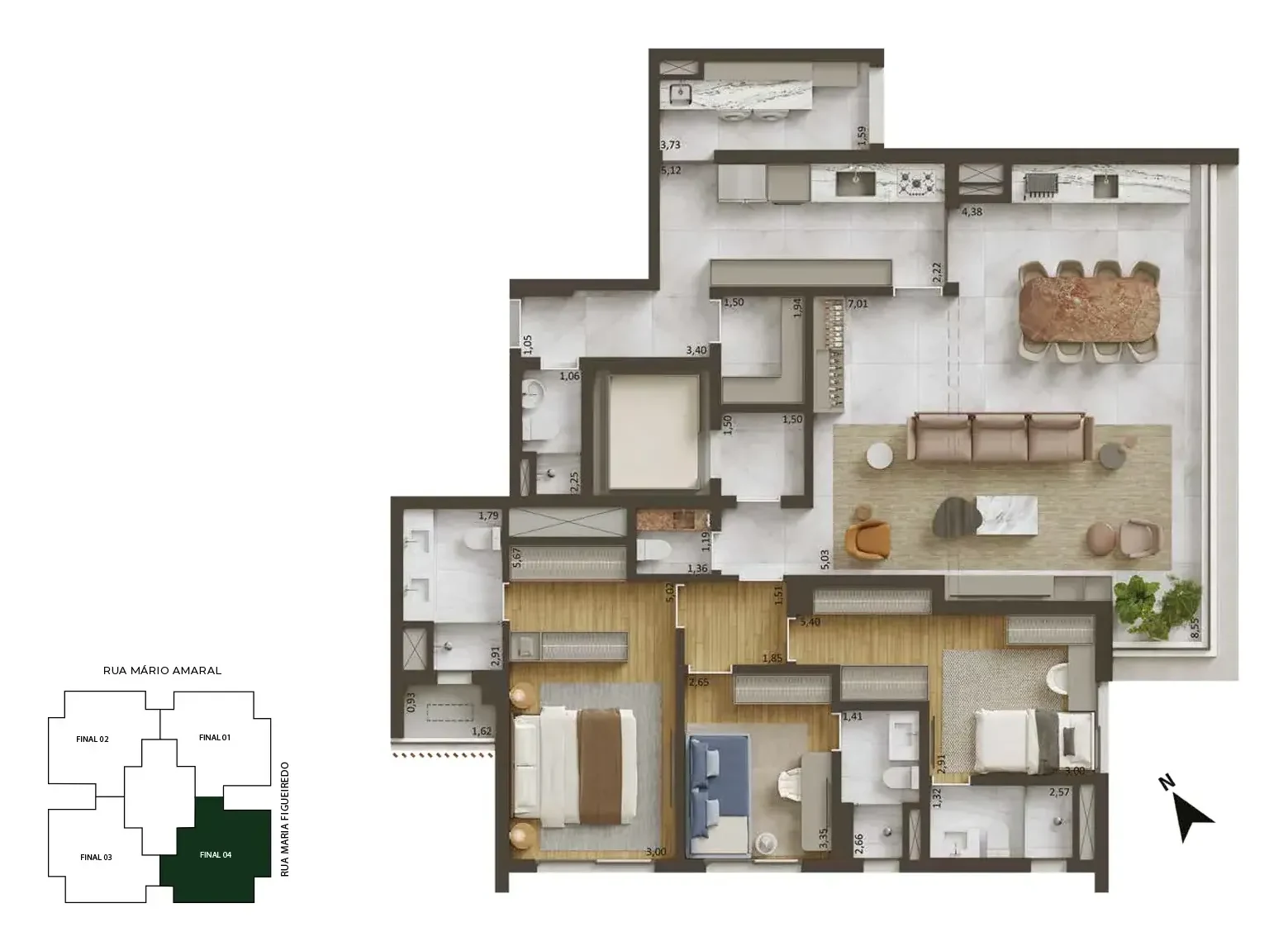Planta de 163 m², 3 suítes, cozinha fechada: os ambientes com sugestão de decoração, vistos de cima.