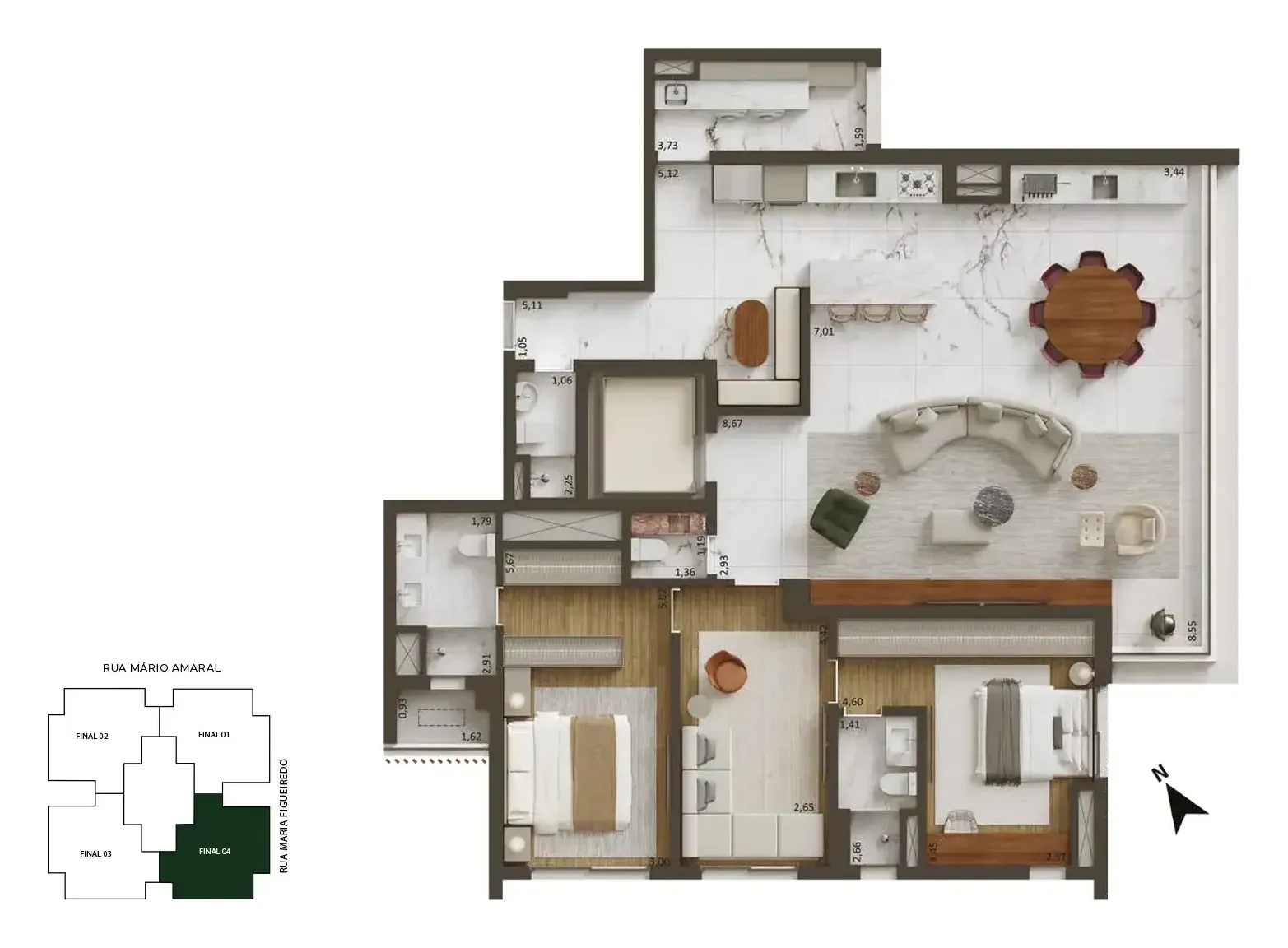 Planta de 163 m², 2 suítes e sala íntima, cozinha aberta: os ambientes com sugestão de decoração, vistos de cima.