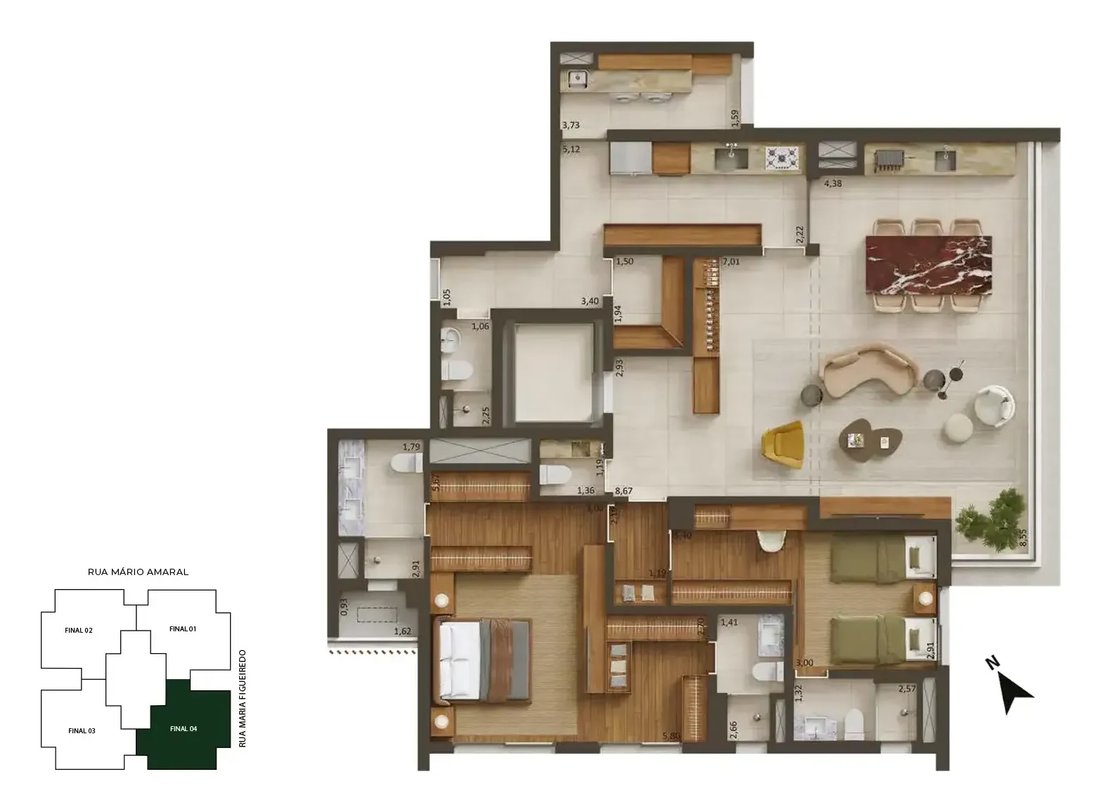 Planta de 163 m², 2 suítes, suíte master ampliada: os ambientes com sugestão de decoração, vistos de cima.