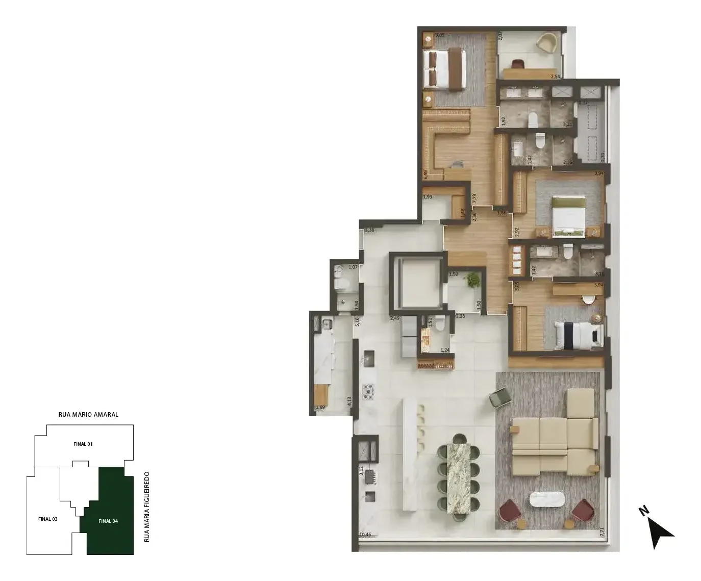Planta de 221 m², 3 suítes, cozinha aberta: os ambientes com sugestão de decoração, vistos de cima.