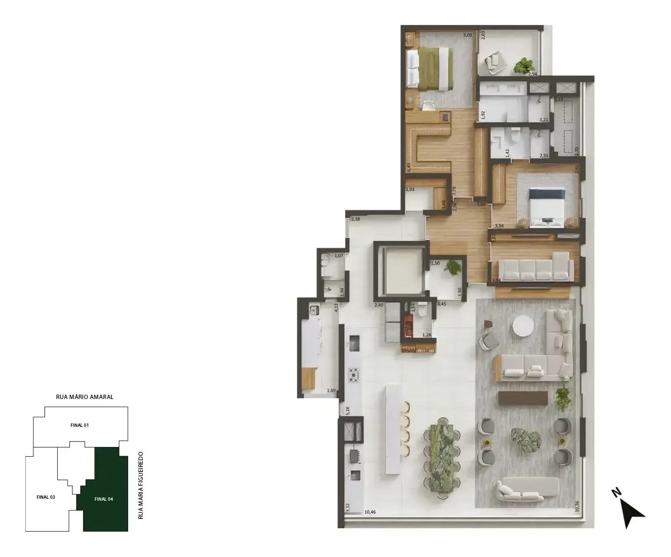Planta de 221 m², 2 suítes, living ampliado e sala íntima: os ambientes com sugestão de decoração, vistos de cima.