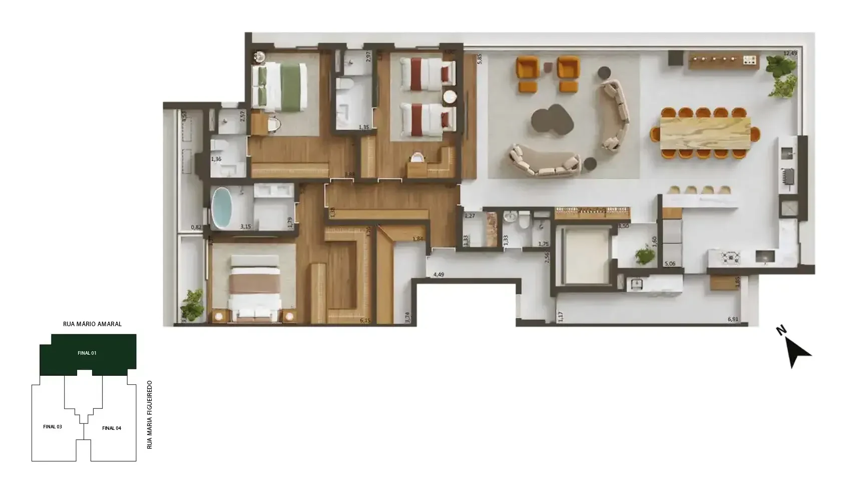 Planta de 230 m², 3 suítes, cozinha aberta: os ambientes com sugestão de decoração, vistos de cima.