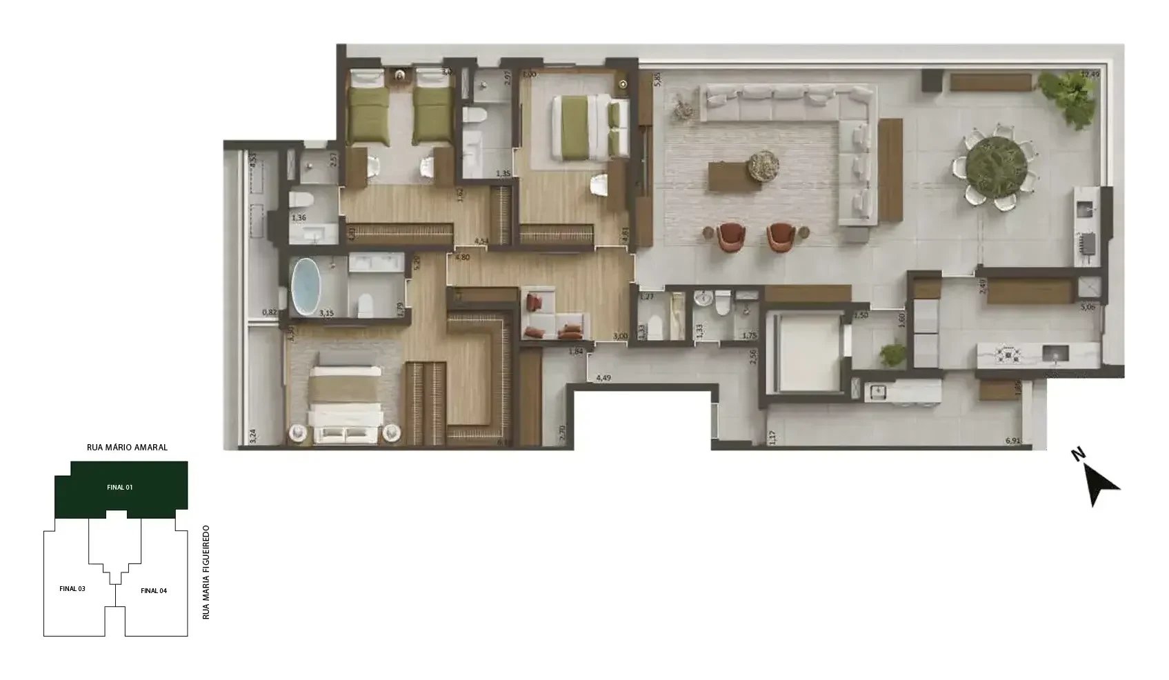 Planta de 230 m², 3 suítes, cozinha fechada: os ambientes com sugestão de decoração, vistos de cima.