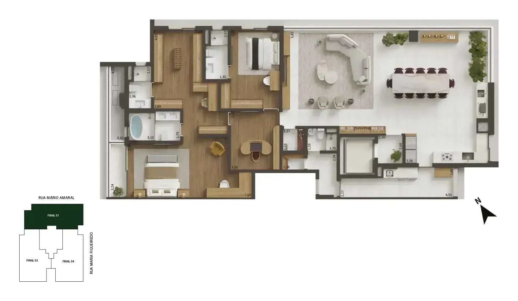 Planta de 230 m², 2 suítes e office, cozinha aberta: os ambientes com sugestão de decoração, vistos de cima.
