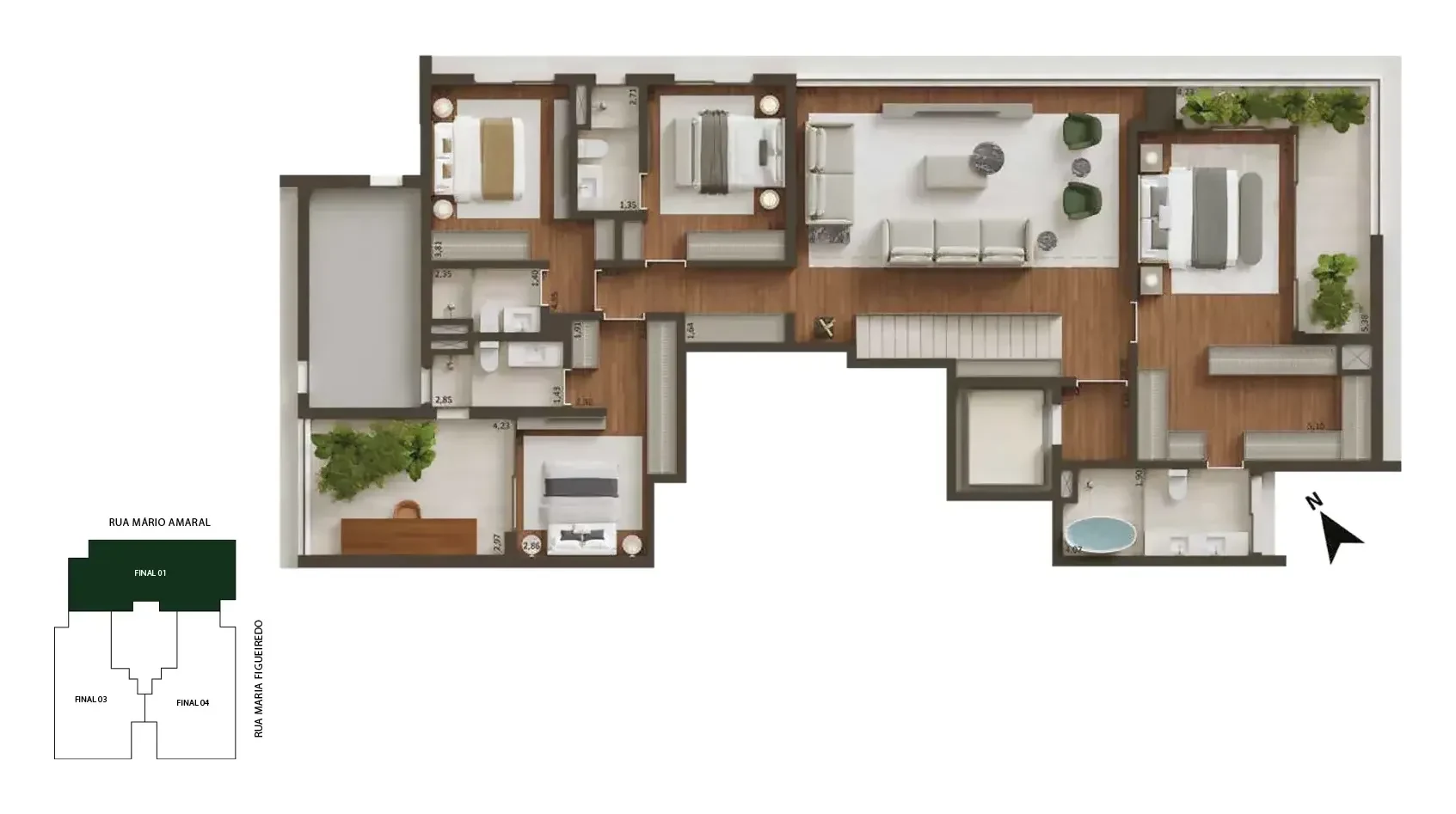 Planta da cobertura duplex de 428 m², final 1, piso inferior: os ambientes com sugestão de decoração, vistos de cima.
