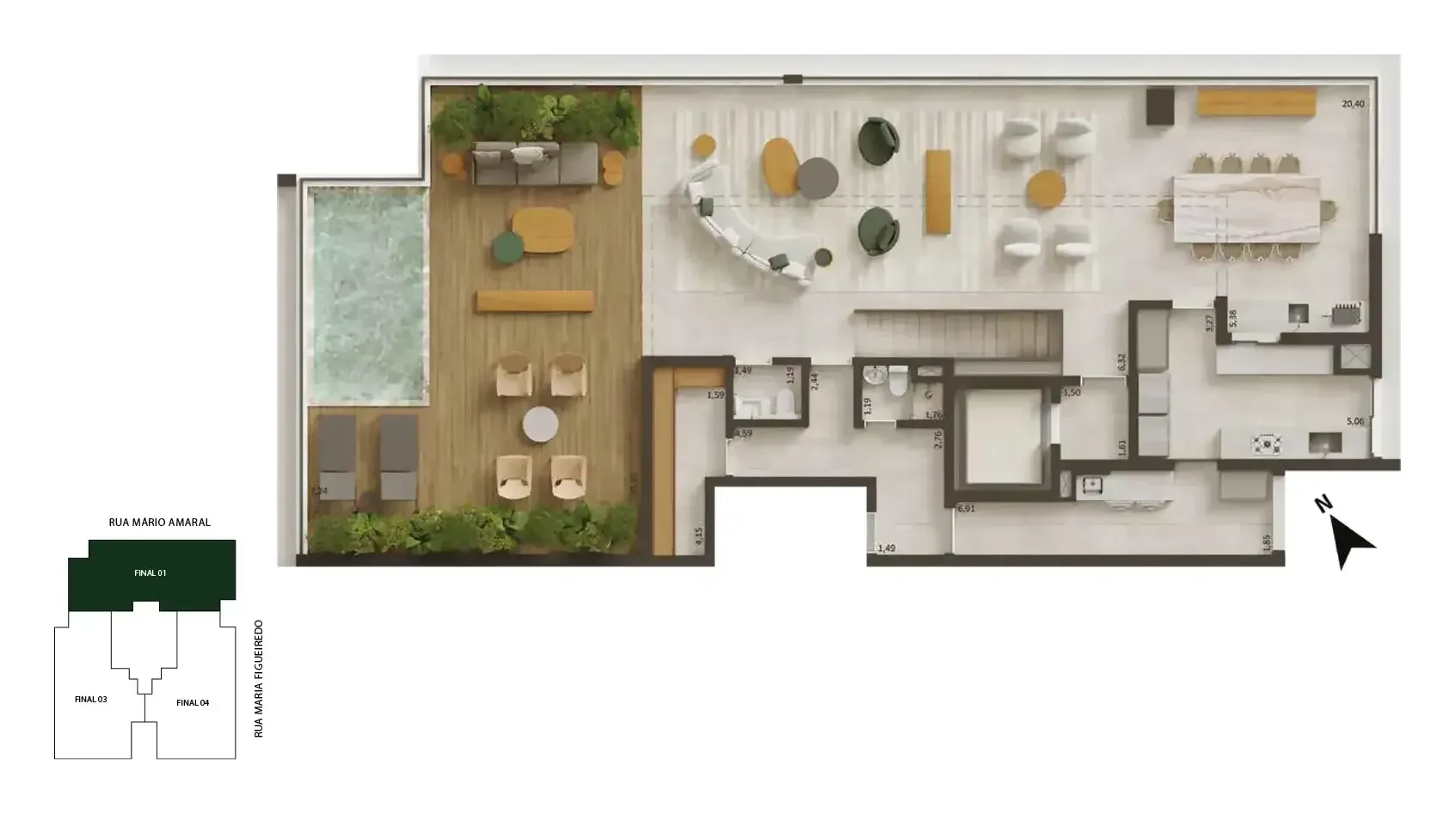 Planta da cobertura duplex de 428 m², final 1, piso superior: os ambientes com sugestão de decoração, vistos de cima.