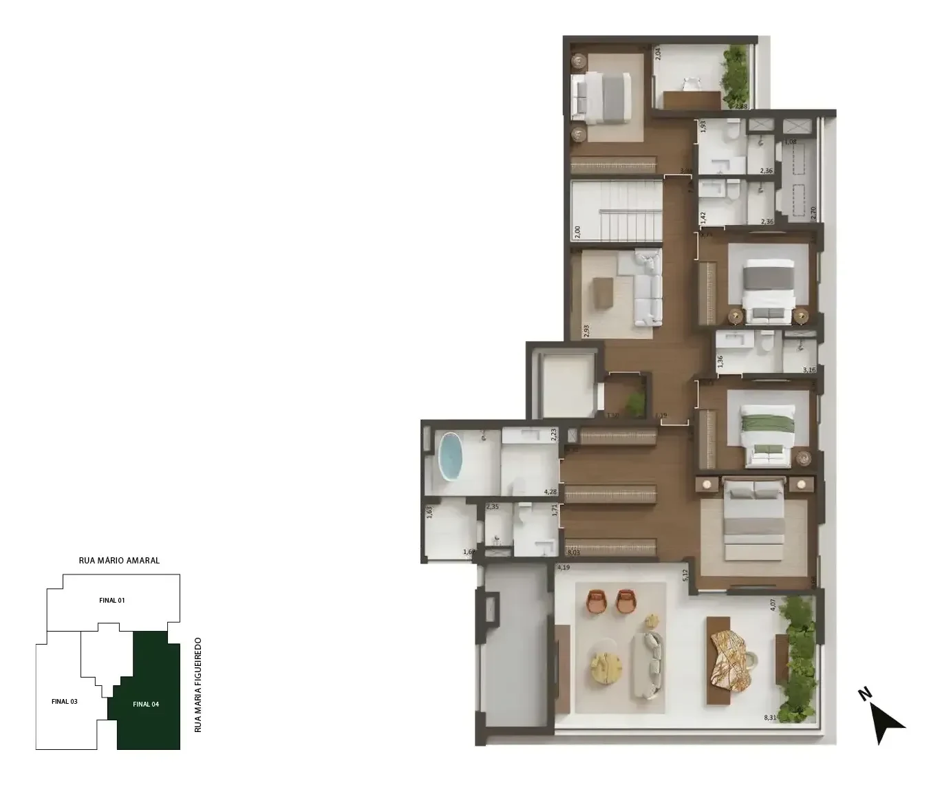 Planta da cobertura duplex de 428 m², finais 3 e 4, piso inferior: os ambientes com sugestão de decoração, vistos de cima.