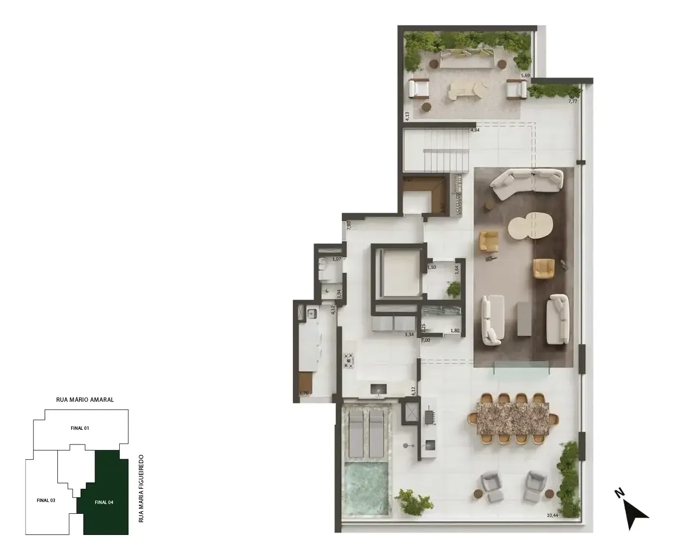 Planta da cobertura duplex de 428 m², finais 3 e 4, piso superior: os ambientes com sugestão de decoração, vistos de cima.