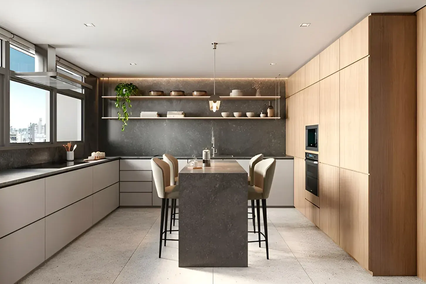 A cozinha do apartamento tipo: a ilha de pedra escura com banquetas, os armários de madeira até o teto e a janela com plantas sobre a bancada.