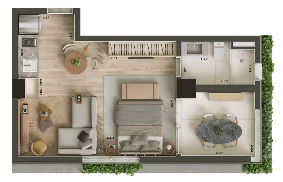 A planta do studio: a cozinha linear e o banheiro de um lado, o dormitório com a cama de casal no meio e a sala com mesa redonda junto à janela, com jardineira na fachada.