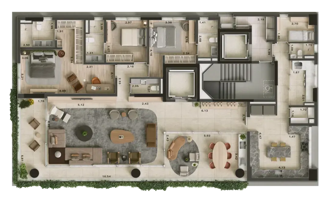 A planta do apartamento tipo: três suítes no alto, a master no canto com closet; embaixo, o living e o jantar em L ao longo do terraço com jardineira; a cozinha à direita; os dois elevadores e a escada no meio.