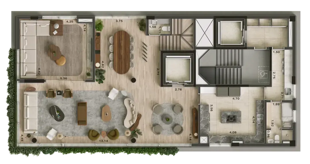 O pavimento inferior da cobertura triplex: as três suítes em fila, a master com closet e banheiro grande, a escada e os elevadores no meio.