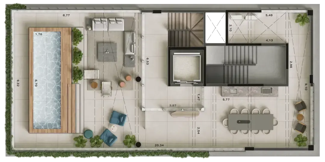 O pavimento intermediário da cobertura triplex: o living com sofás e o jantar de mesa longa abertos para o terraço, a cozinha ao lado da escada.