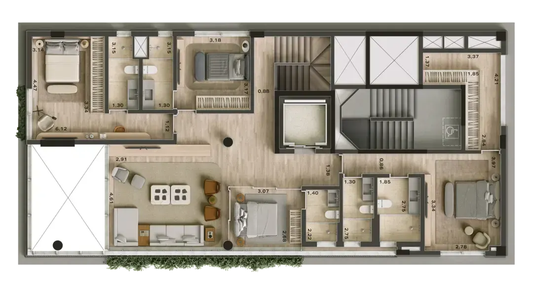 O pavimento superior da cobertura triplex: a piscina comprida junto à fachada, o deck com espreguiçadeiras, uma mesa de jantar externa e a área coberta com a escada.