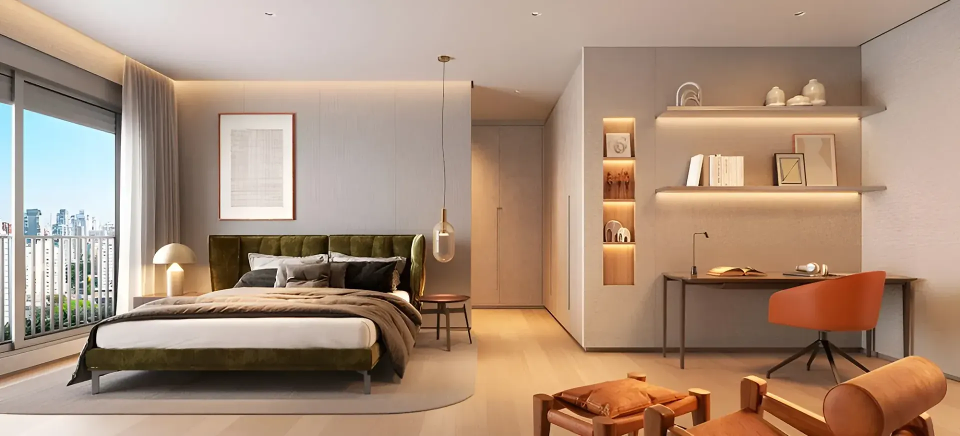 A suíte do apartamento tipo: a cama baixa com cabeceira estofada, a escrivaninha com prateleiras iluminadas e a poltrona laranja sobre o tapete.