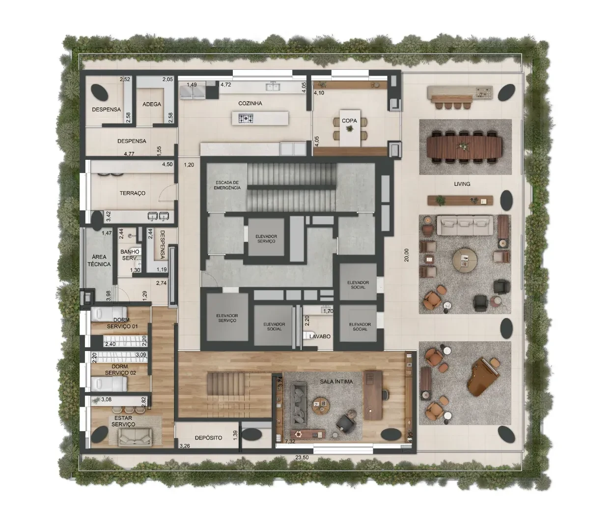 Planta do andar inferior do duplex: o núcleo de elevadores e escadas no meio, o living ampliado com sofás e piano, o jantar com mesa longa, a cozinha, a escada interna e o terraço, com a faixa de vegetação em volta da laje.