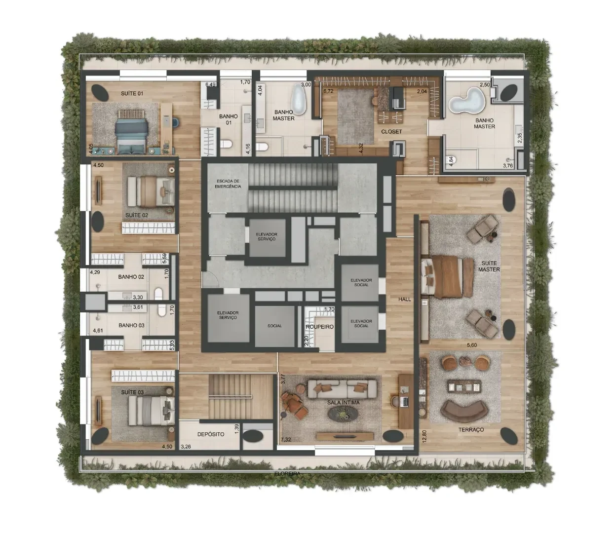 Planta do andar superior do duplex: o núcleo no meio e, em volta, as suítes com closet e banheiro, a suíte master e a sala íntima, com a faixa de vegetação em volta da laje.