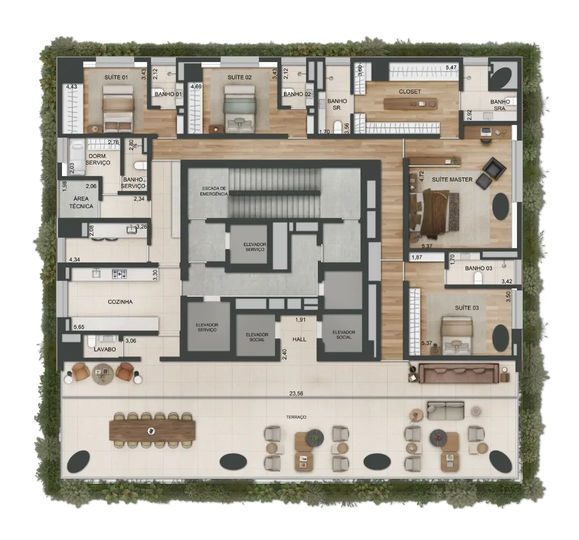 Planta do apartamento tipo A: o núcleo de elevadores no meio, três suítes e a suíte master com closet em volta, a cozinha, a área de serviço e o terraço que corre a fachada inteira, com mesa longa e salas de estar, e a faixa de vegetação em volta.