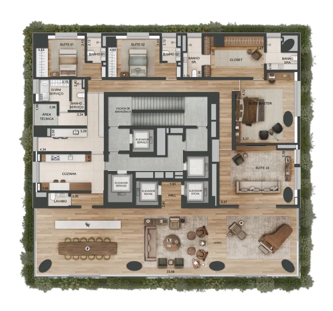 Planta do apartamento tipo A na opção living ampliado: o mesmo núcleo, as suítes e a cozinha, com o living maior ocupando parte do terraço.