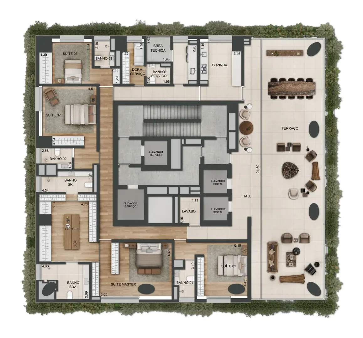 Planta do apartamento tipo B: o núcleo de elevadores no meio, as suítes e a suíte master num lado, o living e o jantar com mesa longa no outro, a cozinha e o terraço, com a faixa de vegetação em volta.