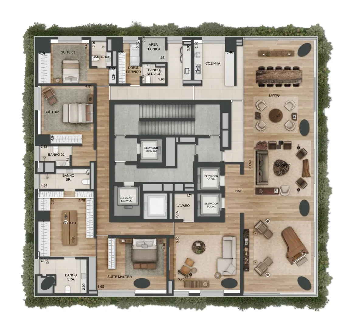 Planta do apartamento tipo B na opção living ampliado: o mesmo núcleo e as suítes, com o living maior.