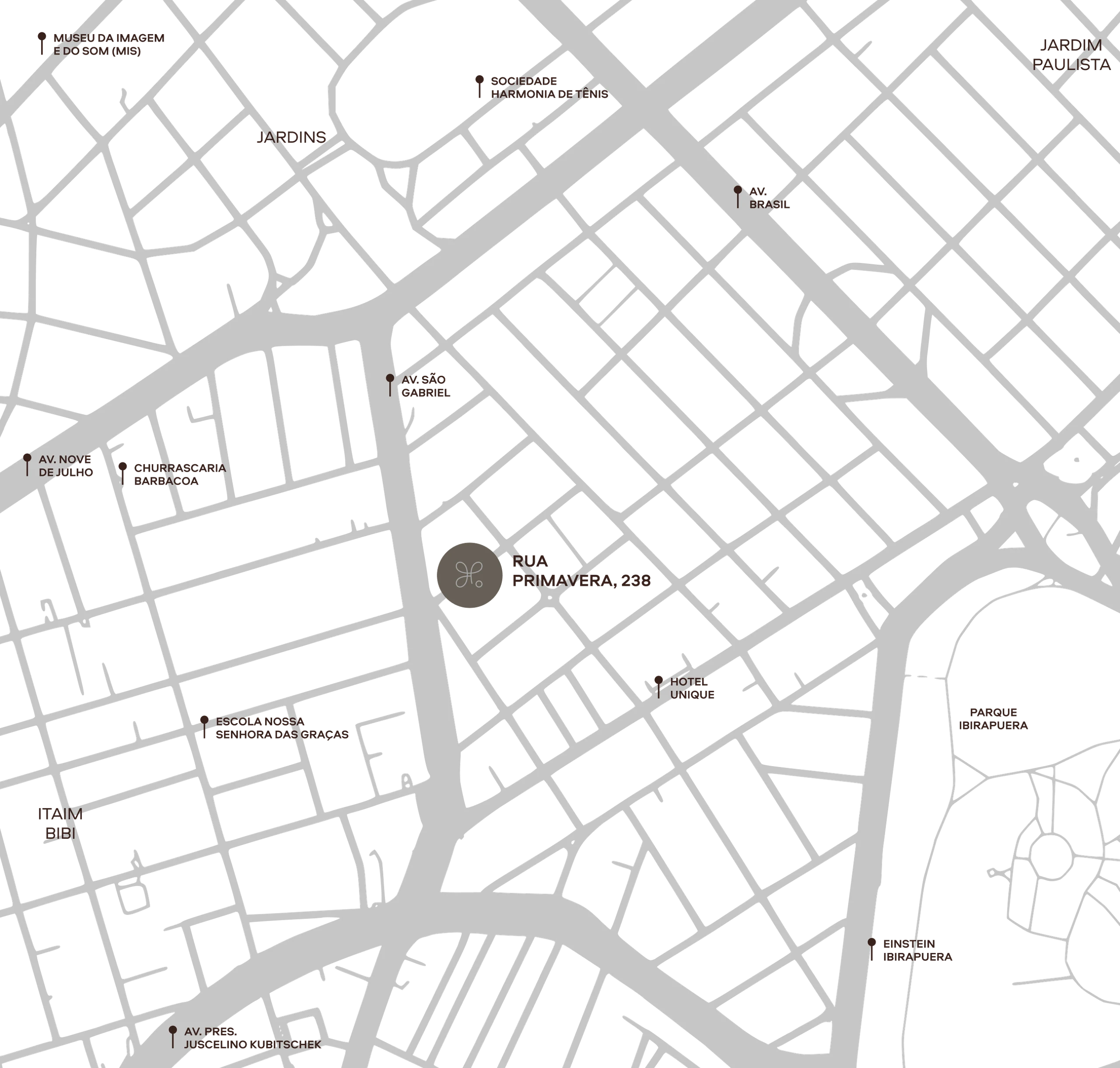 O mapa oficial do entorno: as ruas do Jardim Paulista em cinza-claro, o monograma do Primavera na Rua Primavera, 238, e os lugares marcados em volta, da Avenida Nove de Julho ao Parque Ibirapuera.