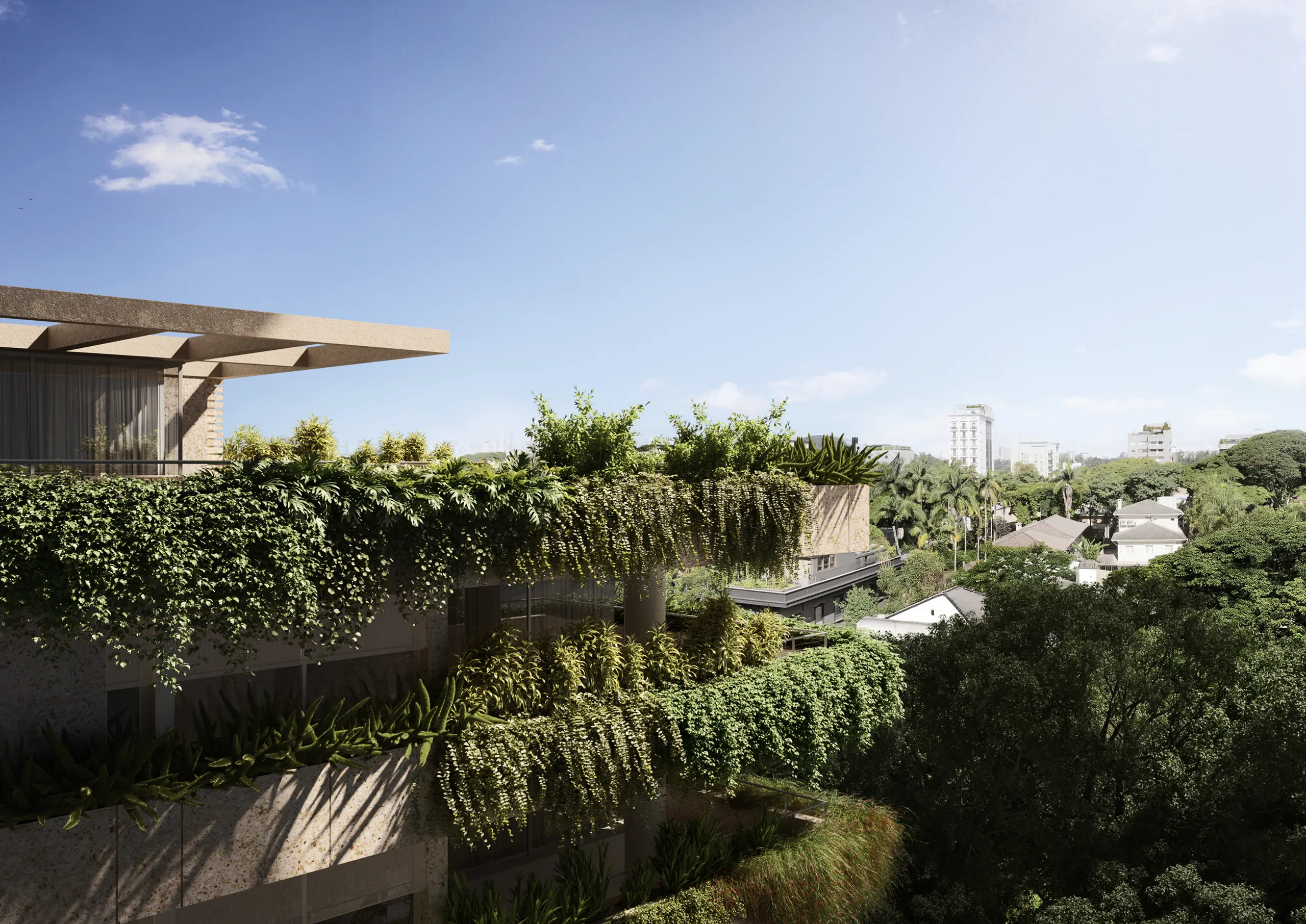 Um terraço no alto do Primavera: o pergolado de concreto, as jardineiras cheias de plantas e, além delas, o bairro de casas e árvores sob o céu azul.