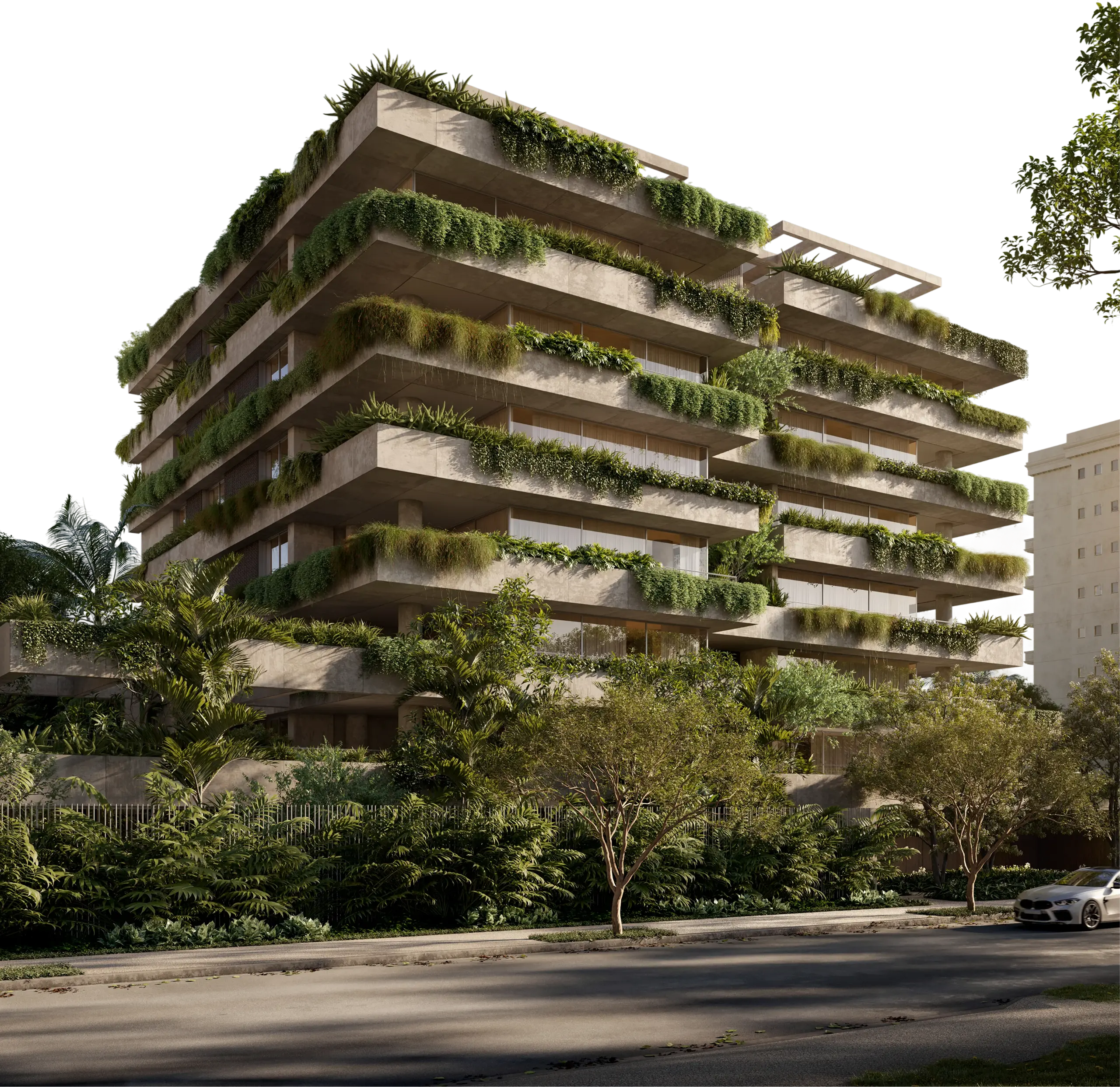 O Edifício Primavera visto da rua, de dia: as lajes largas em balanço, cada uma com jardineiras que transbordam de plantas, e o jardim e as árvores da calçada na base.
