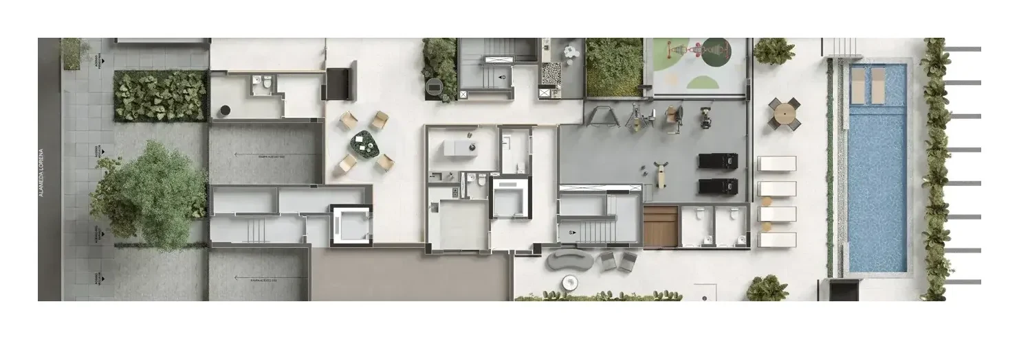 A implantação do térreo vista de cima: o acesso e a portaria numa ponta, o hall, a sala de massagem, a brinquedoteca, o playground e a academia no meio, e o solário com a piscina e a prainha na outra ponta, todos numerados de 01 a 20.