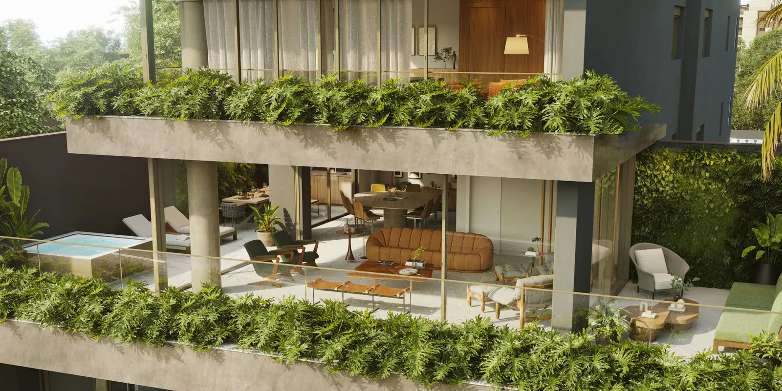 A maison vista do jardim: o terraço com jardineiras sob a laje, o living envidraçado com sofás e a vegetação densa em volta.