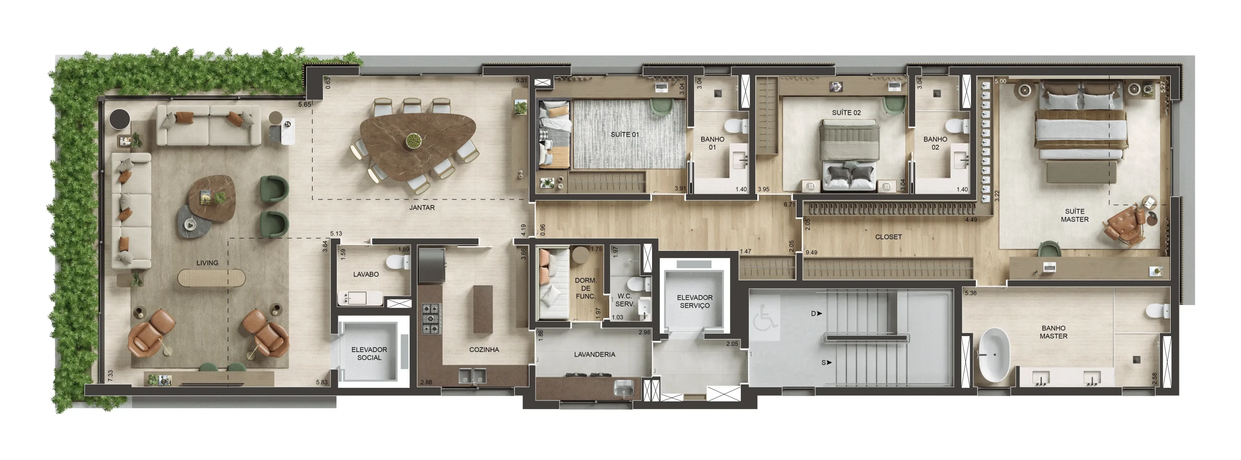 Planta do apartamento: o living e o jantar integrados ao terraço com jardineira, a cozinha, a área de serviço, o lavabo e as três suítes com closet e banheiro.