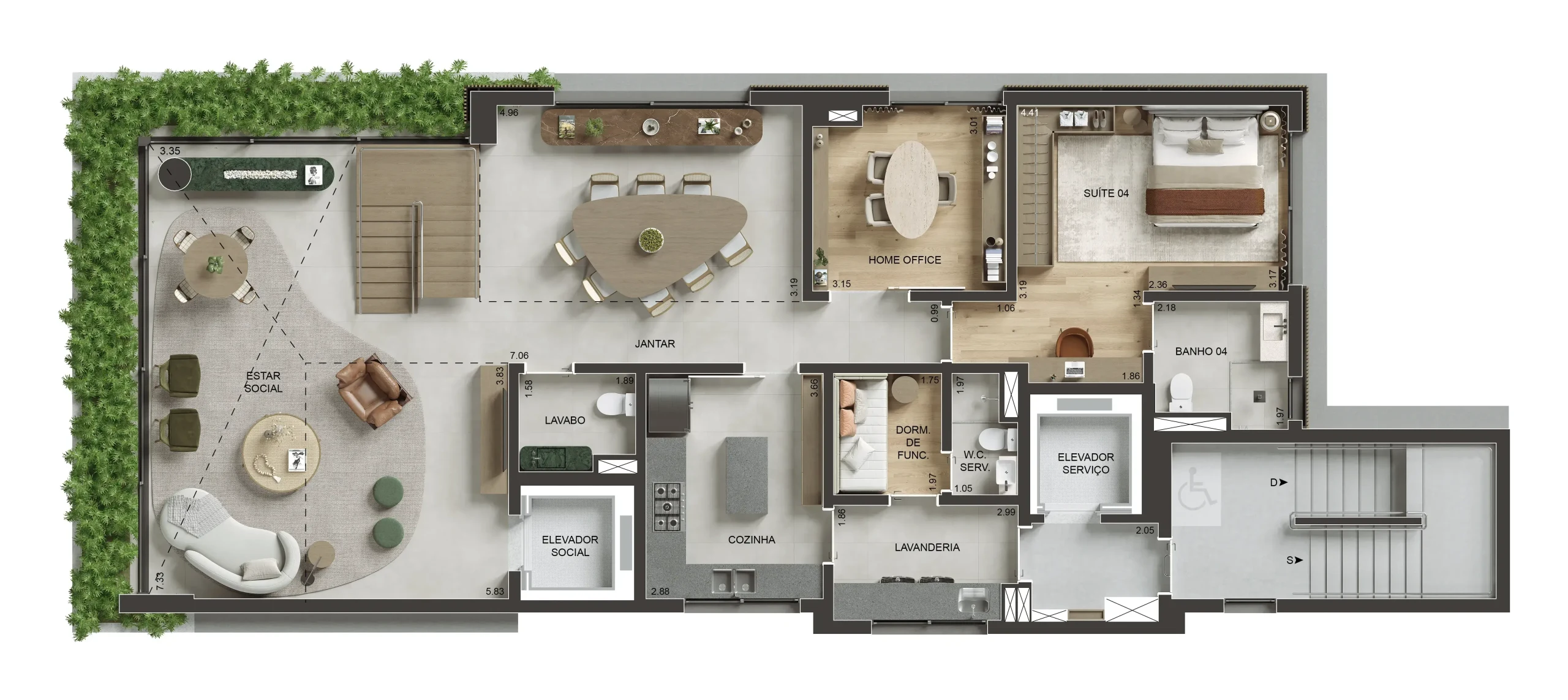 Planta do andar inferior do duplex: o living com pé-direito duplo, o jantar, a cozinha, uma suíte, o lavabo, a escada interna e o terraço com jardineira.