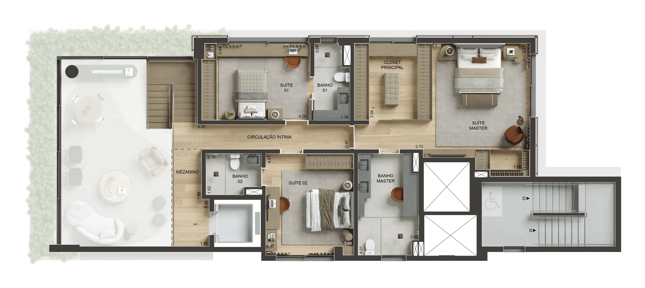 Planta do andar superior do duplex: a suíte master com closet, as outras suítes e o mezanino sobre o living, com a escada interna.