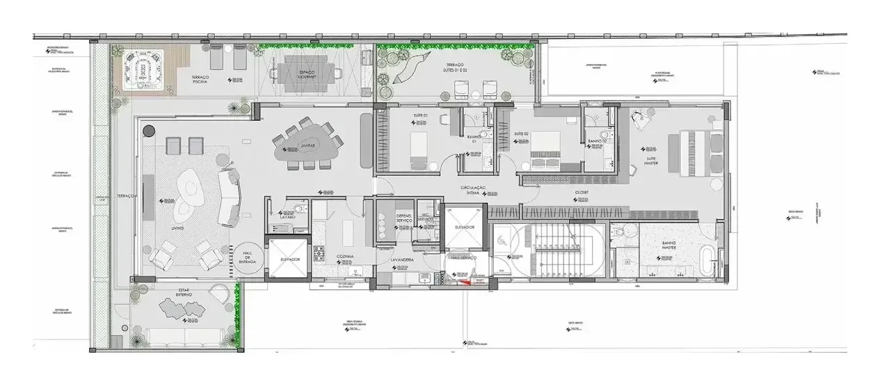 Planta da maison: o living e o jantar abertos para o terreno com jardim, a área gourmet, a cozinha e as três suítes.