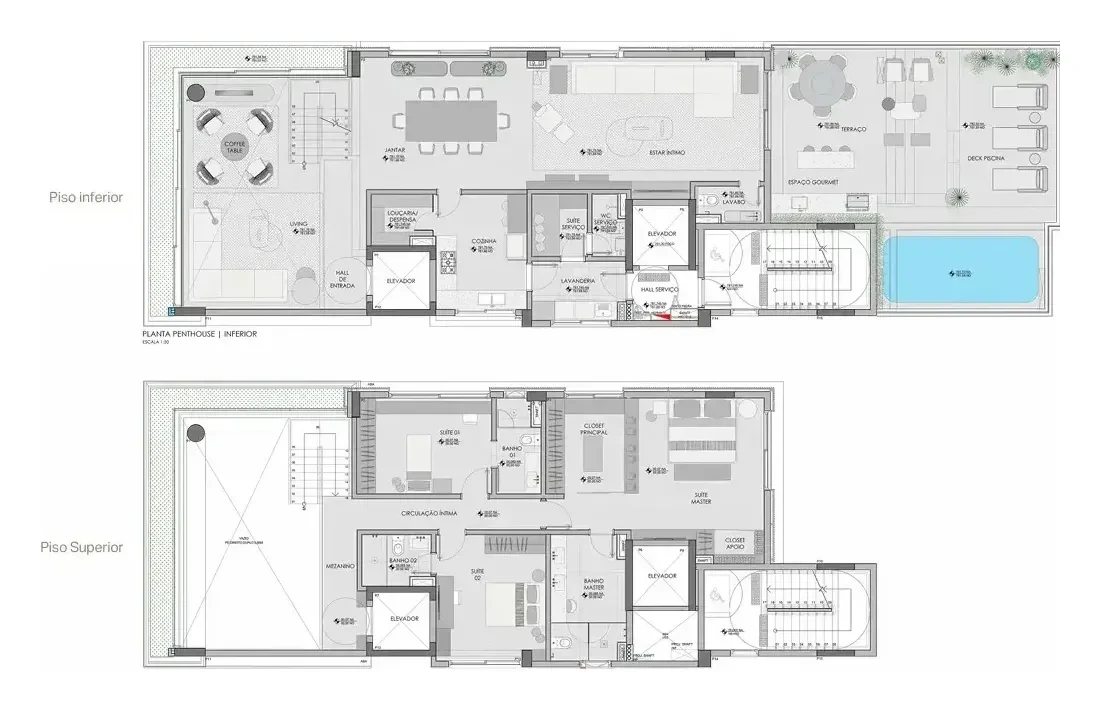 Plantas dos dois andares da penthouse, uma acima da outra: o living, o jantar e a cozinha num andar, as suítes no outro, e o terraço com a piscina externa.