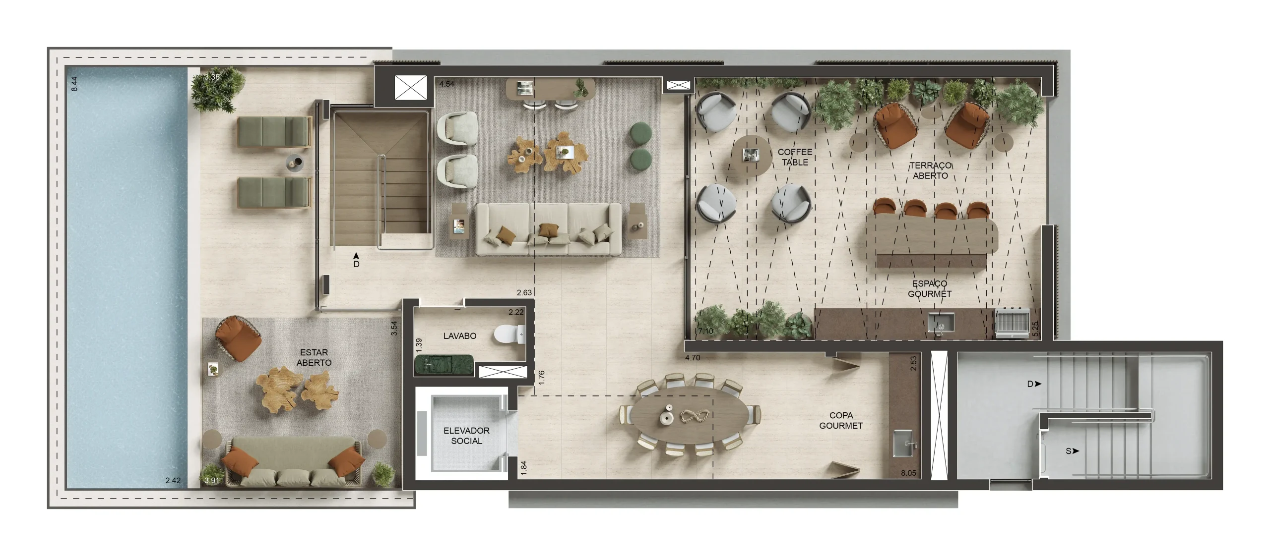 Planta da cobertura do triplex: o terraço com a piscina privativa ao longo da fachada, o deque, a área gourmet e a escada que desce para os andares de baixo.